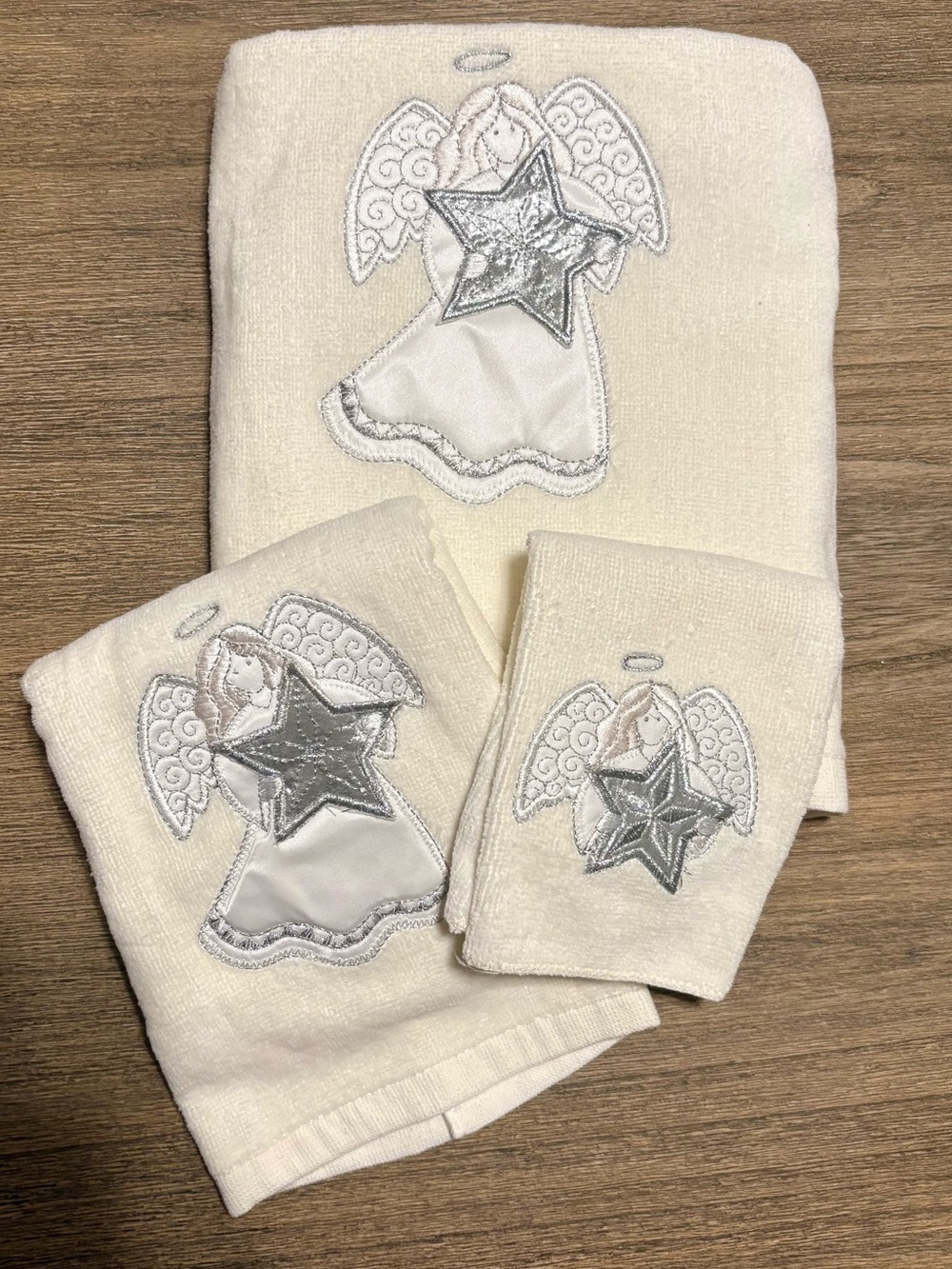 3 Piece White Silver Angel Embroidered Decorative Towel Set Christmas